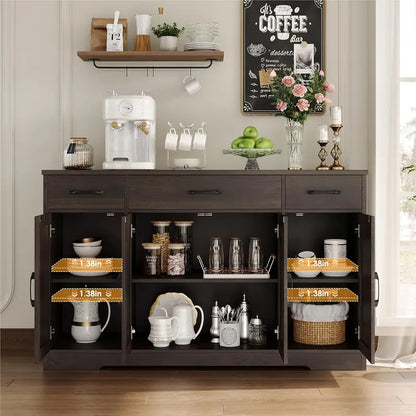 55-Inch Farmhouse-Style Buffet Cabinet with Drawers, Shelves, and Four Doors  White Rustic Kitchen Storage