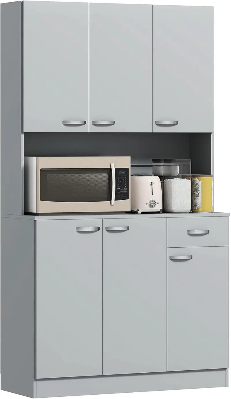 71-Inch Freestanding Grey Kitchen Buffet Cabinet Featuring Hutch Design, Microwave Storage, Coffee Bar Functionality, Adjustable Shelves, and Single Drawer
