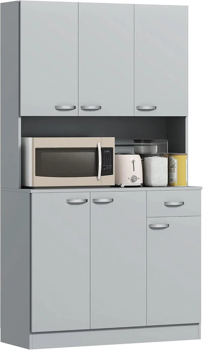71-Inch Freestanding Grey Kitchen Buffet Cabinet Featuring Hutch Design, Microwave Storage, Coffee Bar Functionality, Adjustable Shelves, and Single Drawer