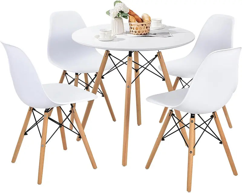 Modern 31.5-Inch Round Dining Set: White Table with Green DSW-Inspired Chairs and Solid Wood Legs—Optimized for Compact Homes and Restaurants