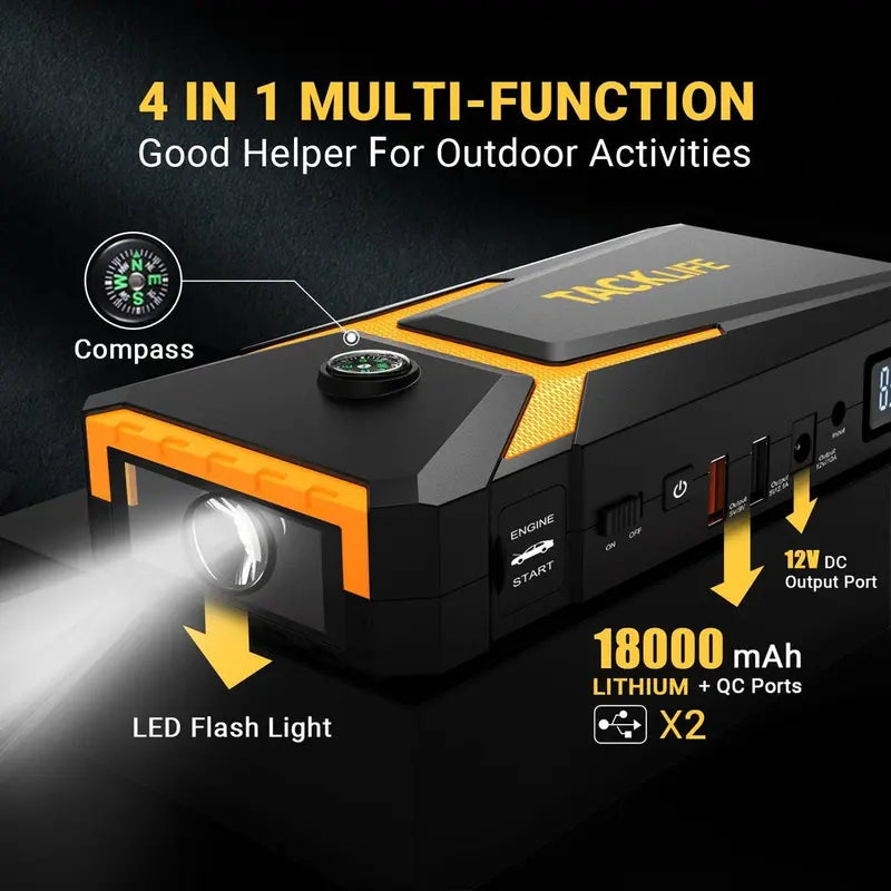 TACKLIFE T8 800A Car Jump Starter  18000mAh, Supports Gas (7.0L) & Diesel (5.5L), Quick-Charge & Safety Protection