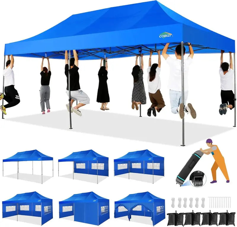 COBIZI 10×20 ft Commercial Pop-Up Canopy Tent  Heavy-Duty Frame, 6 Sidewalls, Wind/Waterproof Gazebo with Roller Bag
