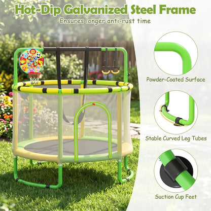 Kids’ Trampoline with Safety Enclosure  Includes Adjustable Gymnastics Bar, Swing & Basketball Hoop