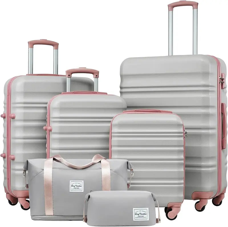 LONG VACATION 6-Piece ABS+PC Hardshell Luggage Set with Spinner Wheels and Carry-On Suitcase