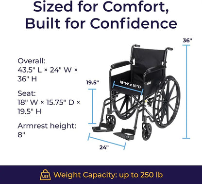 Drive Medical Silver Sport 1 Folding Transport Wheelchair  Lightweight, Compact Mobility Aid