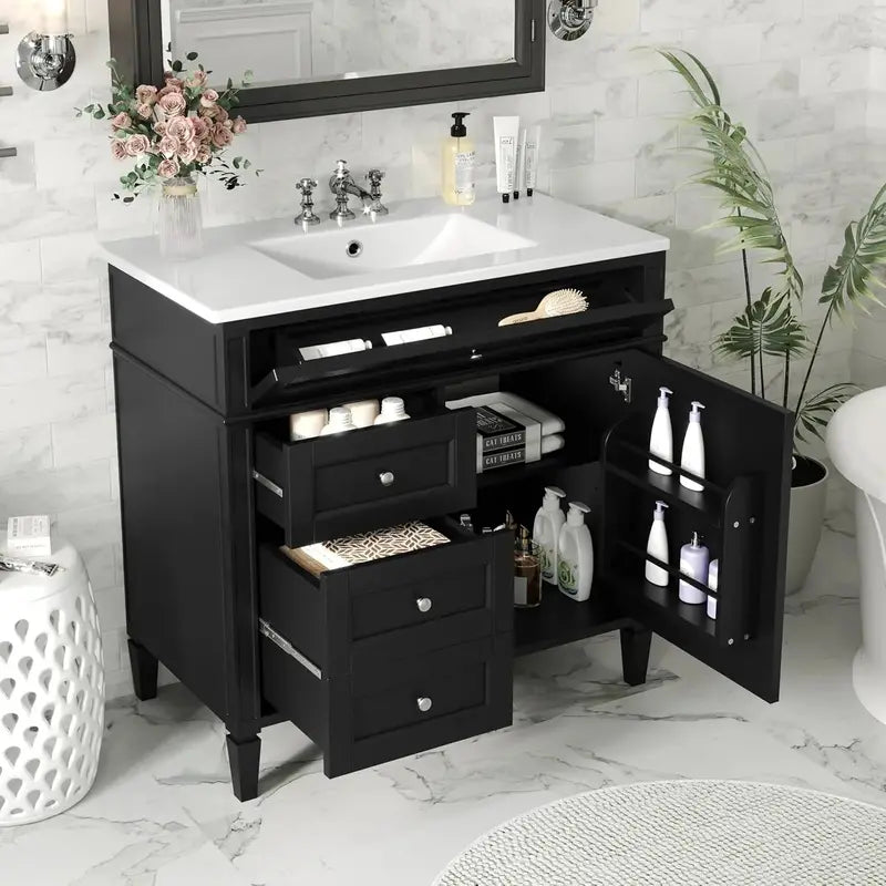 Modern 36-Inch Freestanding Bathroom Vanity with Single Undermount Sink, Soft-Close Drawers & Tip-Out Storage