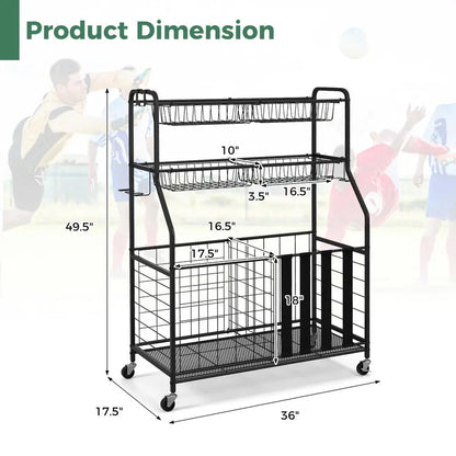 Mobile Sports Equipment Organizer  Wheeled Ball Rack for Garage or Gym Storage