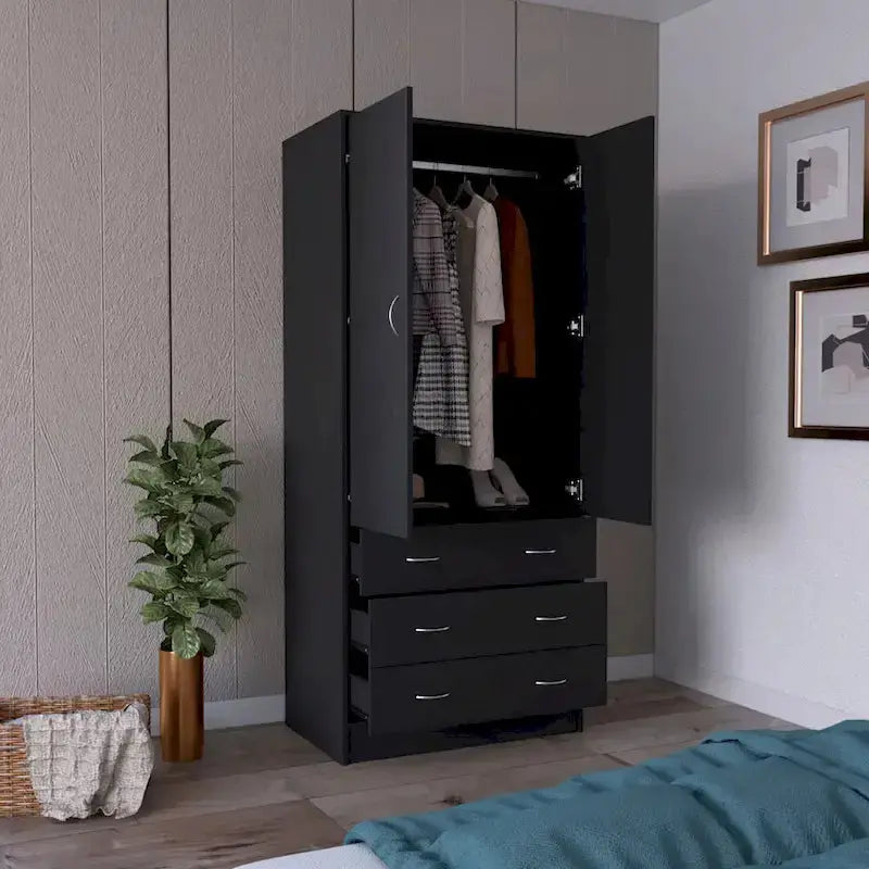 Contemporary Double-Door Bedroom Armoire with Drawers and Hanging Space