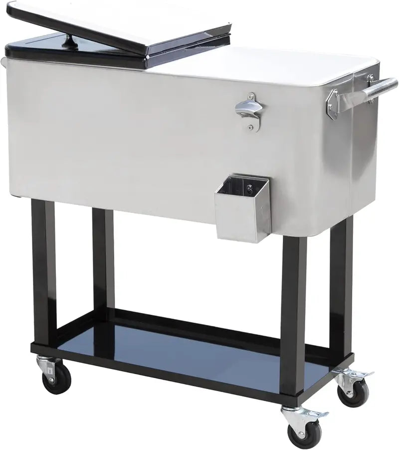80-Quart Portable Rolling Steel Cooler with Heavy-Duty Wheels