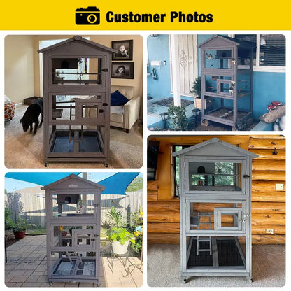 Brand Wooden Cockatiel Cage with Wheels, Removable Netting, Waterproof Roof, and Spacious Design for Outdoor Use