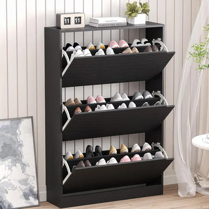 Discreet Freestanding Wood Shoe Cabinet with Three Concealed Flip Drawers