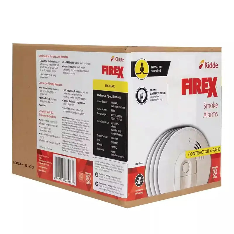Hardwired Smoke Alarm  Ionization Sensor with 120V AC Power & 9V Battery Backup
