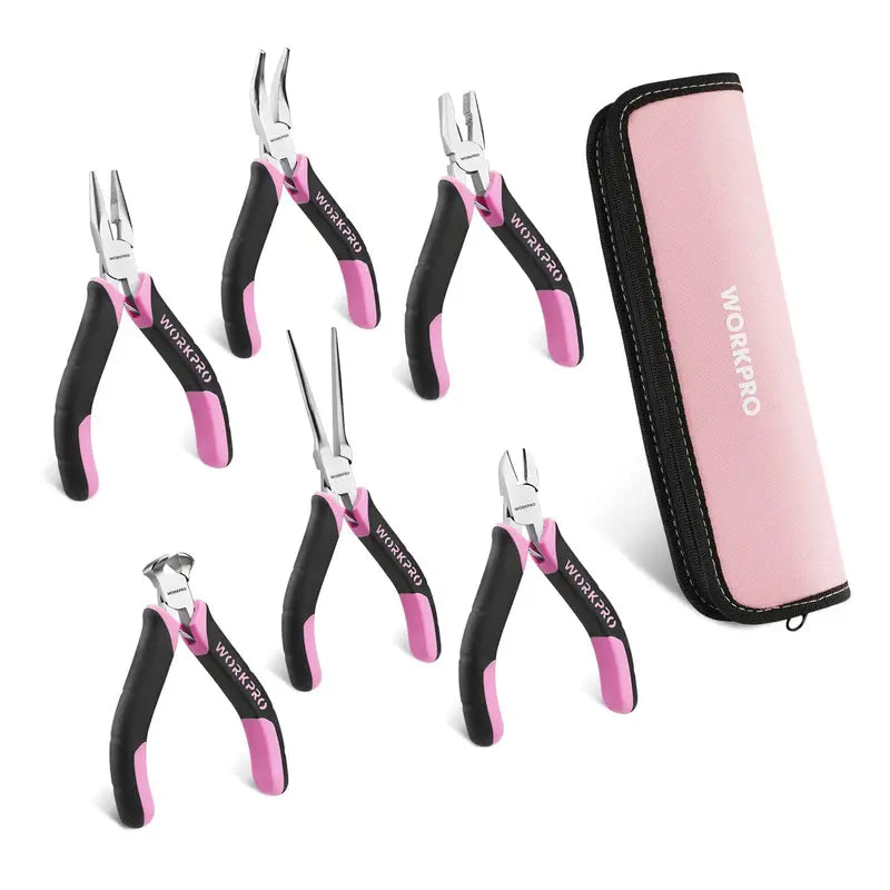WORKPRO 6-Piece Mini Pliers Set in Pink Ribbon Pouch