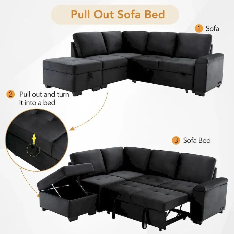 L-Shaped 5-Piece Sleeper Sectional Sofa with Built-In Storage, USB Ports, and Ottoman