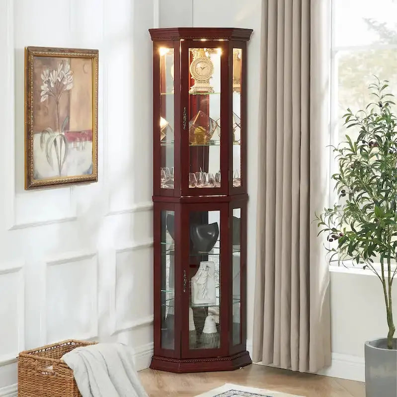 Corner Curio Cabinet with LED Lighting  Tempered Glass Shelves and Mirrored Back Display Unit
