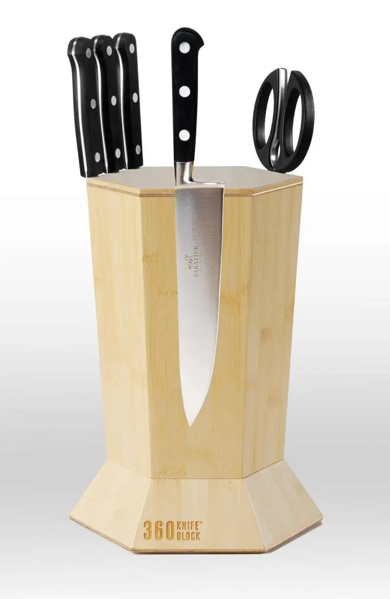 Rotating Blonde Bamboo Knife Block  Magnetic Universal Holder with 360° Spin Function