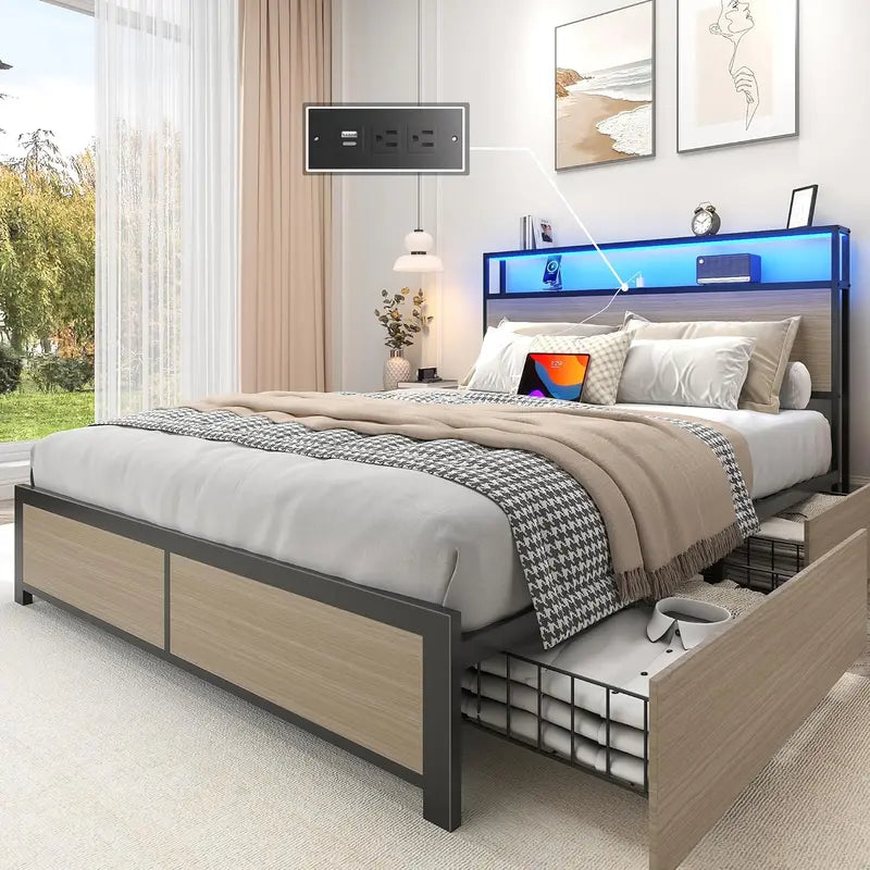 Lifezone Queen Platform Bed Frame  Metal Construction with 2-Tier Storage Headboard & 4 Under-Bed Drawers