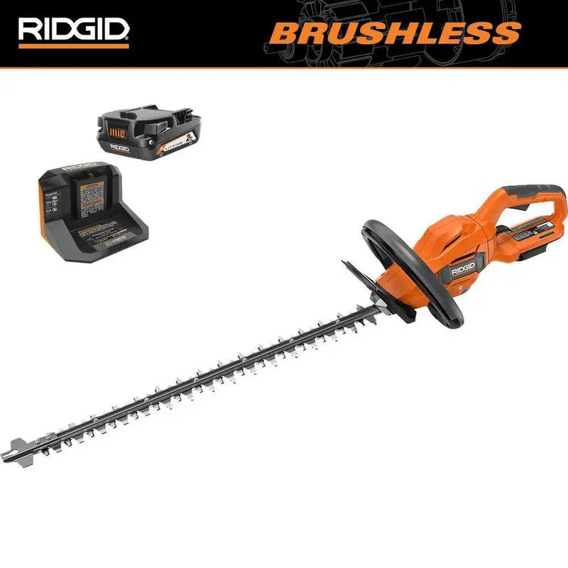 RIDGID 18V Brushless Hedge Trimmer  22-Inch Blade with 2.0 Ah Battery &amp; Charger Kit