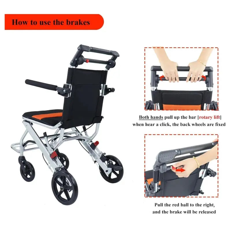 Lightweight Folding Wheelchair for Travel  Compact, Handbrake-Equipped, 220 lb Capacity, Suitable for Seniors and Kids