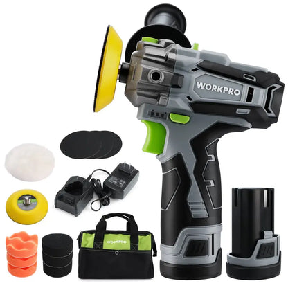 WORKPRO 12V Mini Cordless Polisher & Detailing Sander  3″ Dual-Use Kit with 2 Batteries