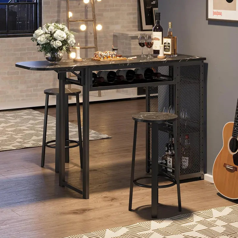 Expandable Industrial Bar Table Set  Includes 2 Stools, Wine Rack, 3-Tier Adjustable Shelving & Counter Height Design, Rustic Brown Finish