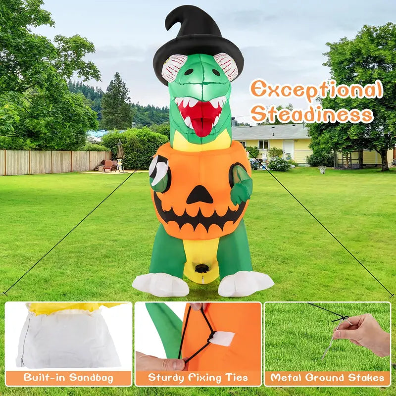 6 ft Inflatable Pumpkin Dinosaur  Yard-Sized Halloween Decoration with Integrated LED Lights & Witch Hat