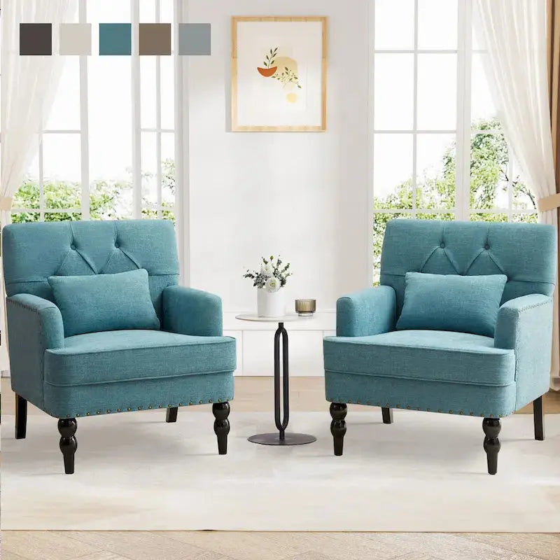Set of 2 Button-Tufted Accent Chairs  Upholstered Armchairs with Lumbar Support Pillows in Beige, Grey, or Light Blue
