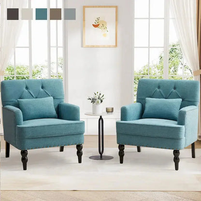 Set of 2 Button-Tufted Accent Chairs  Upholstered Armchairs with Lumbar Support Pillows in Beige, Grey, or Light Blue