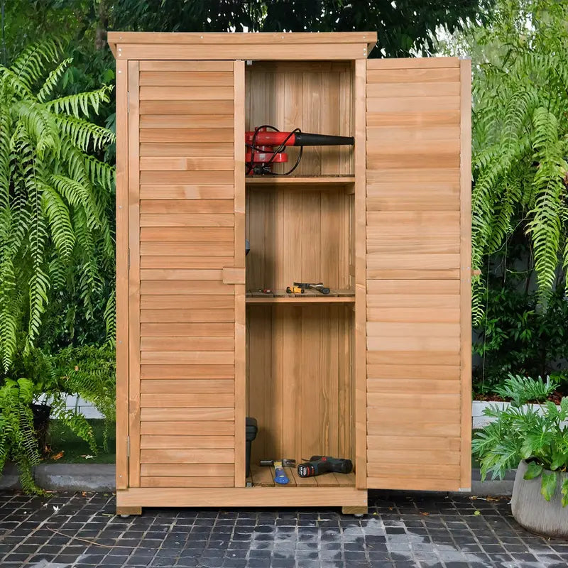 Wooden Outdoor Storage Shed  Rustic Fir Wood Garden Locker with Lockable Shutter Design