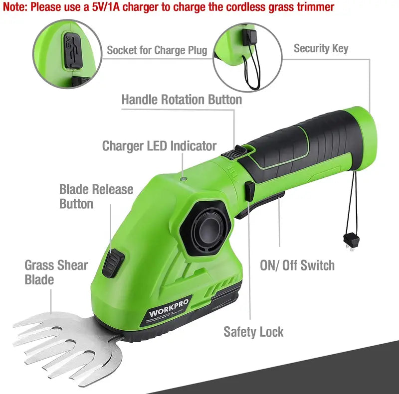 WORKPRO 7.2V Dual-Function Cordless Trimmer  Handheld Hedge Shear and Grass Trimmer in One