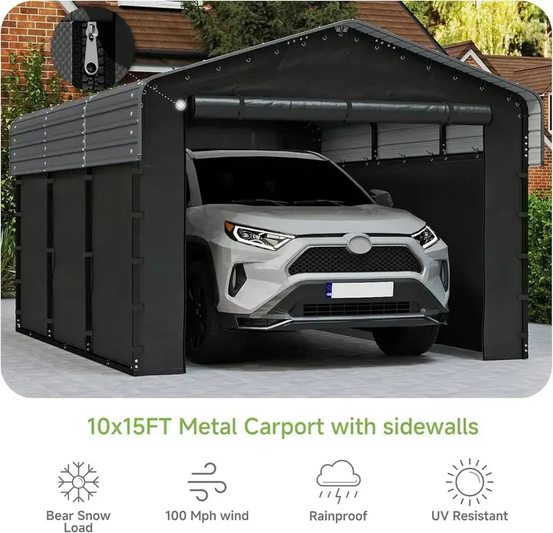 10 ft x 15 ft Reinforced Metal Carport  Weather-Resistant Outdoor Garage or Shade Structure