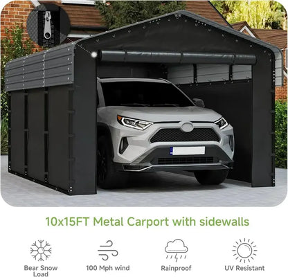 10 ft x 15 ft Reinforced Metal Carport  Weather-Resistant Outdoor Garage or Shade Structure