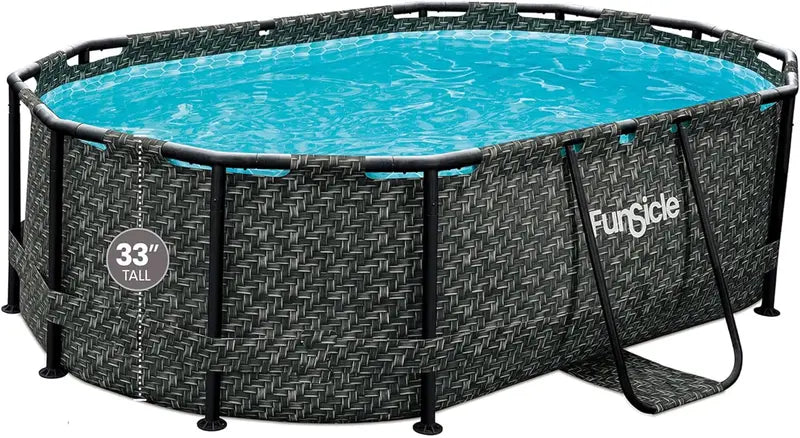 Oasis Designer Oval Above-Ground Pool  167″ x 98″ x 39.5″ Premium Frame Pool Set with Accessories in Dark Herringbone Gray