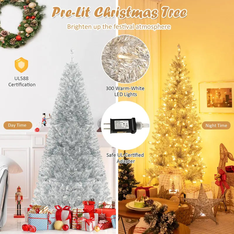 6-Foot Silver Pencil Christmas Tree  Electroplated Tinsel Finish with Pre-Installed Lights