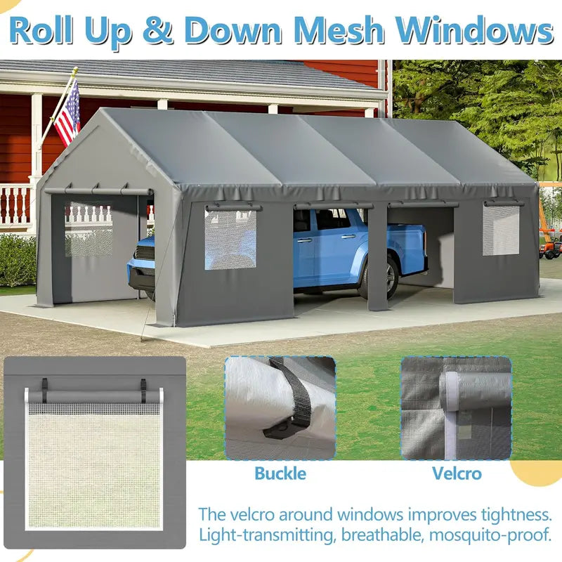 Thanaddo Reinforced Carport with Roll-Up Side Panels and Ventilated Windows