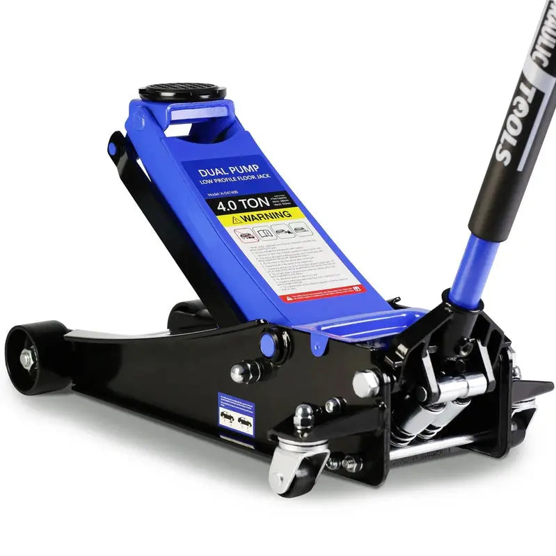Low-Profile 4-Ton Floor Jack  Dual-Piston Trolley Design, 4″21″ Lift Range