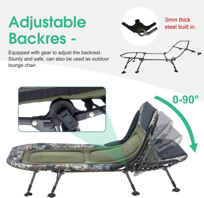 Portable Military Camping Cot for Adults 330lbs  Heavy Duty Folding Bed with Soft Padded Cushion, 180° Adjustable Reclining Outdoor Lounger, Green