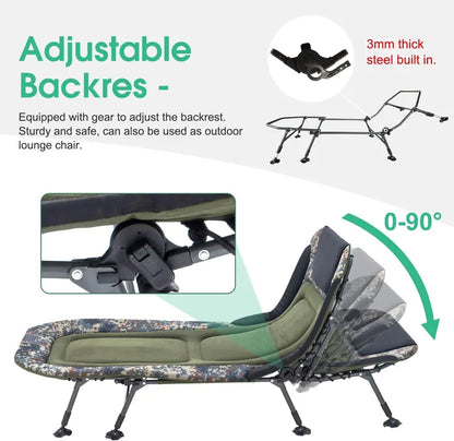 Portable Military Camping Cot for Adults 330lbs  Heavy Duty Folding Bed with Soft Padded Cushion, 180° Adjustable Reclining Outdoor Lounger, Green