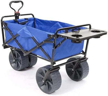 Heavy-Duty All-Terrain Beach Wagon  Collapsible Folding Cart with Side Table, Large Wheels, Ideal for Beach, Picnic & Camping (Blue/White)