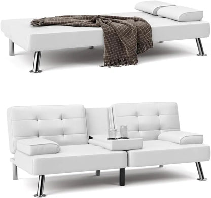 Modern Convertible Futon Sofa Bed with Cup Holders & Removable Armrests  Compact Black Artificial Leather Lounge for Small Living Spaces