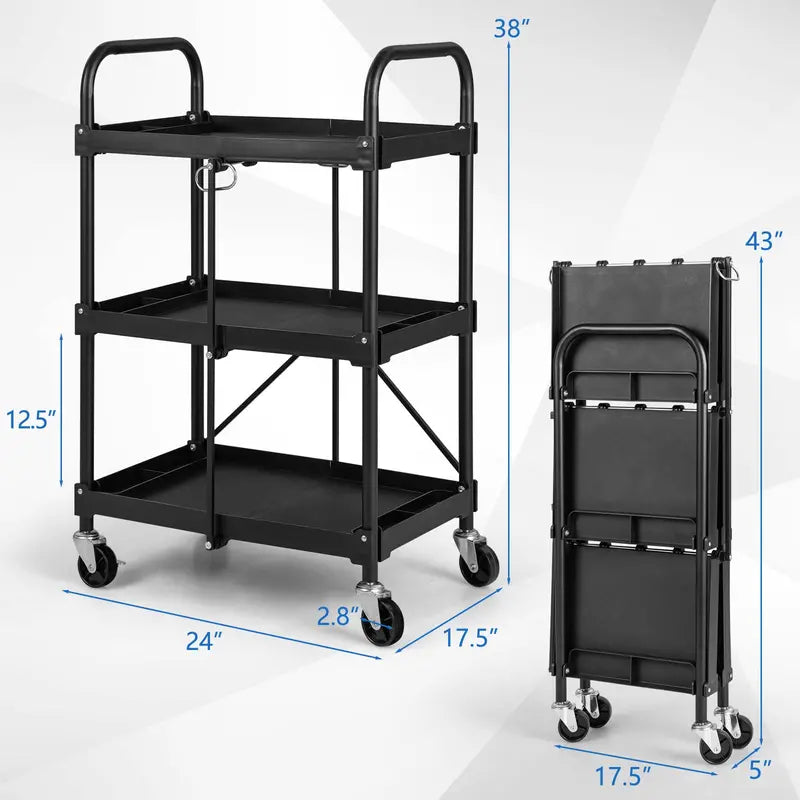 Three-Tier Rolling Utility Cart  Industrial-Strength Folding Tool Trolley with 330 LB Capacity
