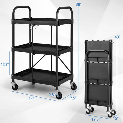 Three-Tier Rolling Utility Cart  Industrial-Strength Folding Tool Trolley with 330 LB Capacity