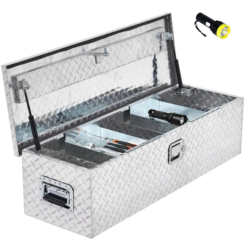 48″ Diamond Plate Truck Bed Toolbox  Silver Aluminum Storage Box with Internal Shelf