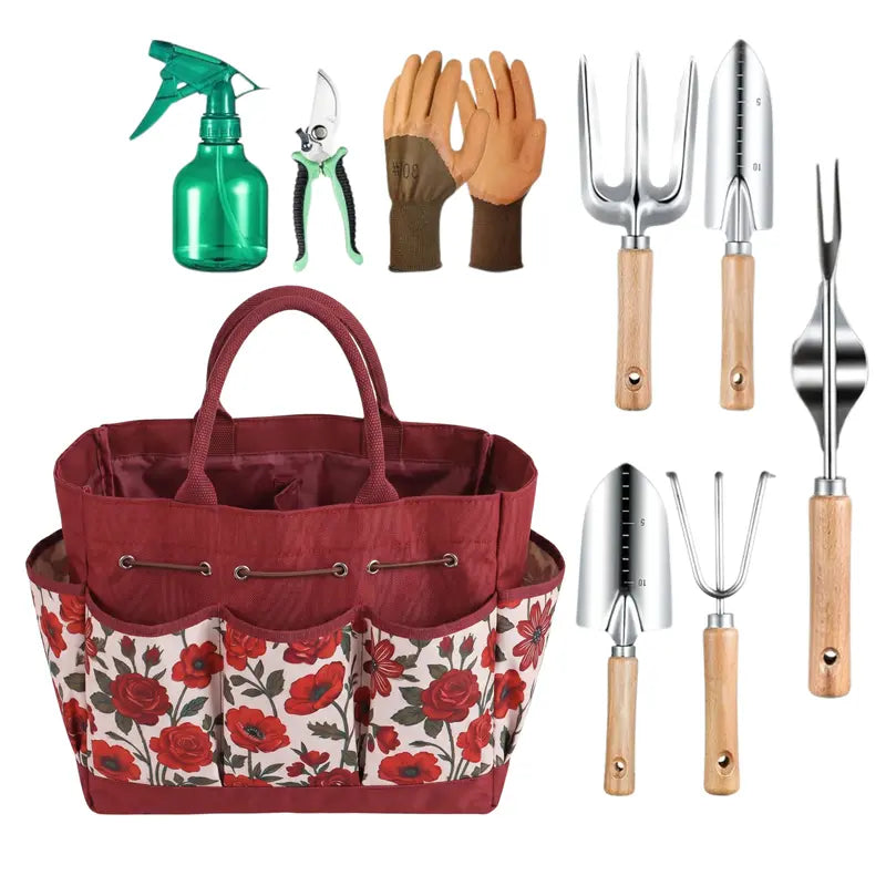 9-Piece Floral Garden Tool Set with Carry Tote and Ergonomic Hand Tools