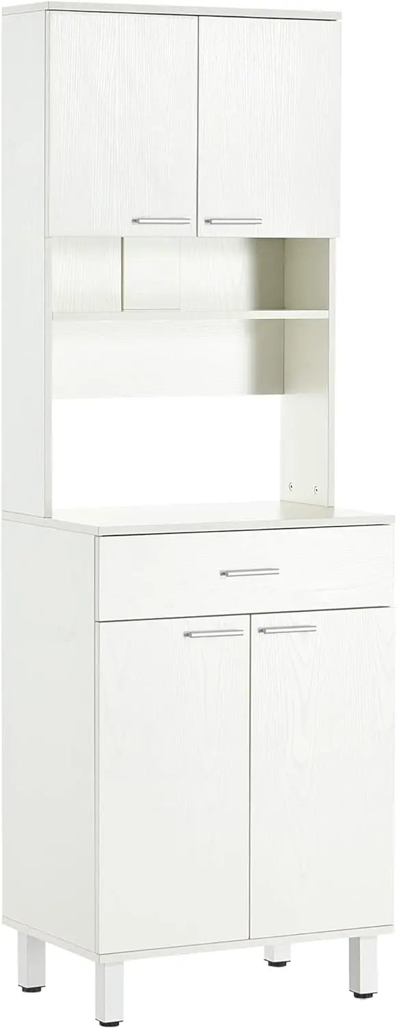 71-Inch White Freestanding Pantry Cabinet — Buffet with Hutch, Drawer, Microwave Stand & Integrated Storage