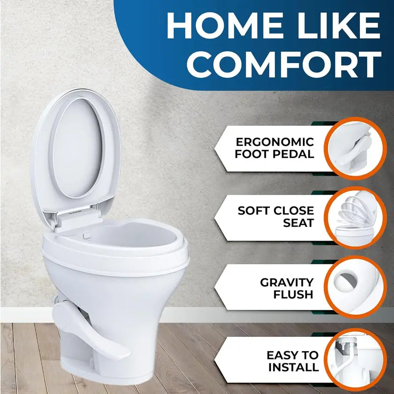 RV Toilet by [Brand]  Standard Height, Gravity Flush, Foot Pedal, Soft Close Lid, Sprayer Attachment, White