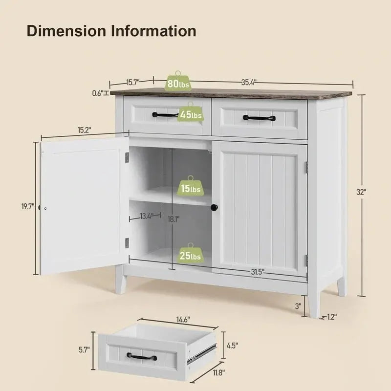 Wooden Kitchen Sideboard Buffet Cabinet  Dual-Door Coffee Bar with 2 Drawers