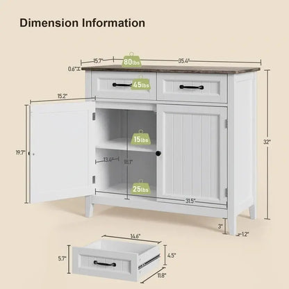 Wooden Kitchen Sideboard Buffet Cabinet  Dual-Door Coffee Bar with 2 Drawers