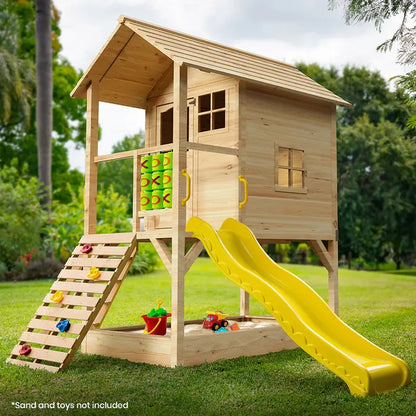 ROVO KIDS Wooden Tower Playhouse  Outdoor Cubby House with Slide, Climbing Wall & Sandpit