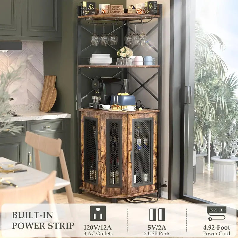 Aheaplus Industrial-Style Corner Bar Cabinet with LED Lighting, Power Outlet & Glass Rack  5-Tier White Oak Liquor Storage Unit for Compact Spaces